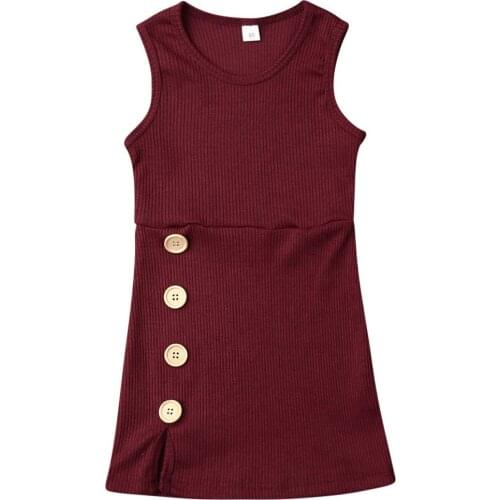 Pudcoco 1-4T Vintage Button Soild Dress for Toddler Infant Baby Girl Knitted Plain Dress Sleeveless Casual Kids Dresses