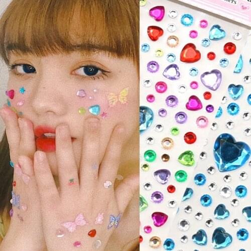 Multicolor Love Heart Diamond Face Eyebrow Stickers 3D Gems Crystal Acrylic Sticker Self Adhesive Nail Decoration Rhinestone