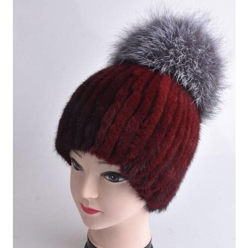 Women knitted Mink Fur Hat styles female fur Cap with fox fur pompom lining Women Winter Headwear girls hats for beanies