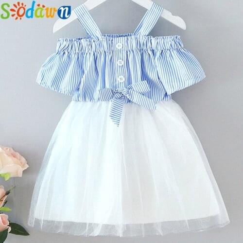 Sodawn 2020 Girls Dress Summer Brand New Dress Striped Sling Bowknot Net Yarn Princess Dress Girl Baby Toddler Dress