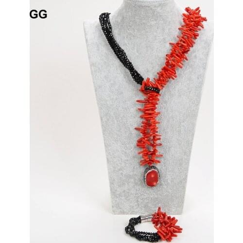 GuaiGuai Jewelry 22'' 5Strands Red Coral Black Crystal Necklace Bracelet Set