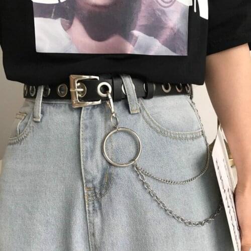 2021 Fashion Ladies Harajuku Leather Designer Belts With Chain Luxury Unisex Aesthetic Grommet Belt Hollow Woman Belt For Jeans