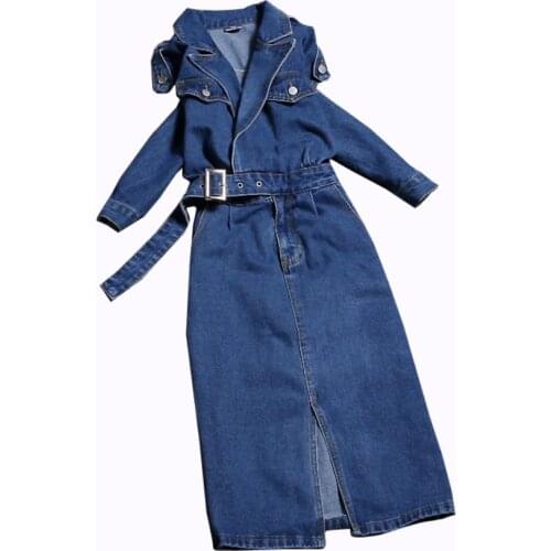 Fashion Denim Dress Women A Line spring autumn Dress Solid Color belted Split package hip Dress