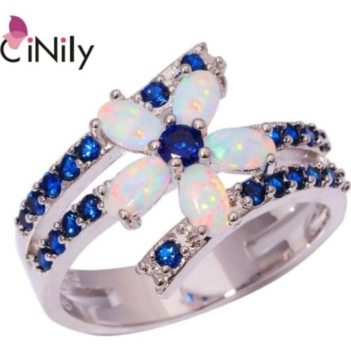 CiNily Created White Fire Opal Blue Zircon Cubic Zirconia Wholesale Hot for Women Jewelry Silver Plated Ring Size 6-12 OJ6391