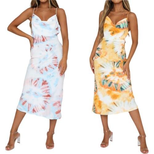 2021 New Women Summer Printed Dress, Adults Slim Fit V-neck Spaghetti Strap Back Slit