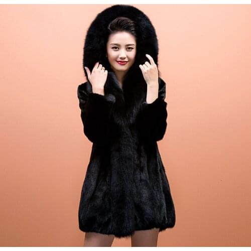 High-end Black Mink Fur Fox Hooded Collar Coat Womens Mid-length Winter Jacket Real Fur Covered Button Thick Warm Fur Outwear