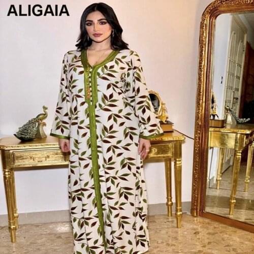 Middle East Women Long Dress Ribbon V Neck Full Sleeve Leaves Print Maxi Dresses Turkey Arabic Dubai Muslim Clothing