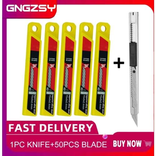 CNGZSY 1PC Snap-Off Knife + 50PCS Blades Retractable Art Cutter Window Repair Scraper Glue Cleaning Pencil Paper Knife E02+5E03
