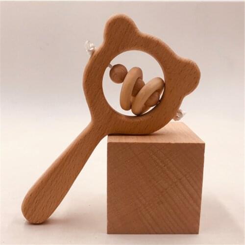 Wooden Rattle Beech Bear Hand Teething Wooden Ring Baby Rattles Play Gym Montessori Stroller Toy Educational Toys