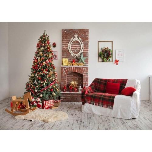 Christmas Tree Wooden Horse Sofa Blanket Photography Backdrop Custom Background Photo Studio for Children Baby Home Photoshoot