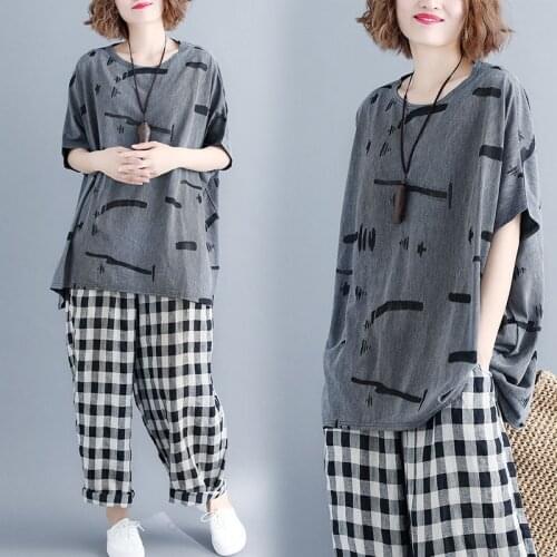 Big Size Clothes Tee Shirt Loose Batwing Sleeve Grey Graffiti Printed Female T-Shirt Summer Casual Round Neck Cotton Tops 2021