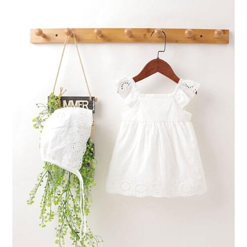 Summer Infant Girls Romper Dresses Sleeveless White Dress with Hat Set Princess Lace One Piece