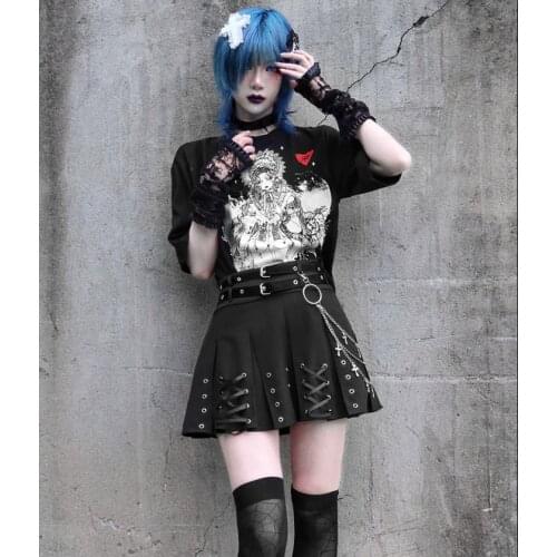 Original design dark punk mini skirt metal holes lace-up pleated solid black skirt japanese harajuku gothic skirt summer skirt