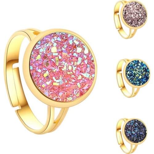 Fashion Women Round Rainbow Druzy Open Finger Ring Adjustable Party Jewelry Gift resizeable ring серебряные кольца женские