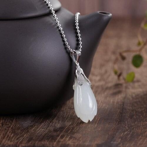 S925 Silver Female New Hetian Pendant Retro-temperament Orchid Pendant Necklace