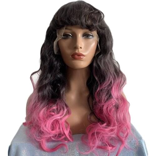 Black to Pink Wavy Synthetic Wig for Women with Bangs Pastel Hair Wigs Synthetic Heat Resistant Wig Natural Looking Daily Wear