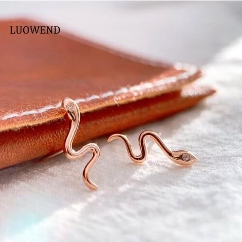 LUOWEND Real 18K Rose Gold Stud Earrings Female Snake Shape Ins Style Earring Engagement Party Jewelry Design