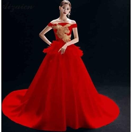 Oriental Style Red Host Qi Pao Dresses Embroidery Dragon Cheongsam Modern Stage Show Long Qipao Chinoise Mermaid Evening Gown