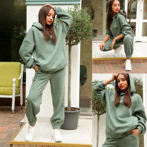 XUANCOOL Women Two Piece Set Joggers Loose Oversize Thick Casual Sportwear Long Pant Suits 2021 Winter Jogging Femme Tracksuits