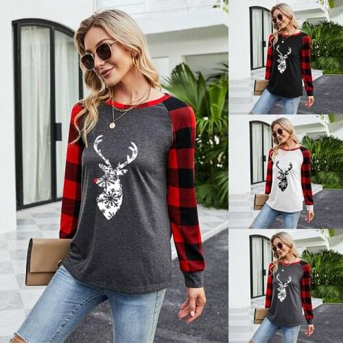 Fashion cross border European and American Christmas plaid printed elk casual round collar long sleeve womens T-shirt