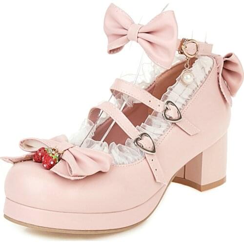 Womans High Heel Vintage Lolita Shoes Bowknot Mary Jane Shoes JK Cosplay Dress Uniform Pumps Ankle Strap Lace Ruffles Wedding