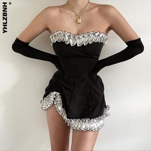 YHLZBNH Women Y2K Corset Mini Dress Patchworks Fairy Grunge Strapless Summer Long Sleeve Drawstring Clothes Harajuku Streetwear