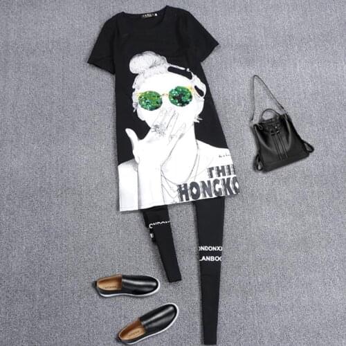 Plus size 5XL!women summer fashion sequined short-sleeved t-shirt+skinny letter leggings two piece sets