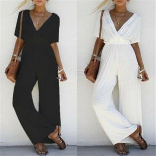 Newest Women Casual Jumpsuit Sexy V-Neck Long Trousers Office Lady Rompers White Black Pink Overalls Half Sleeve Female Playsuit