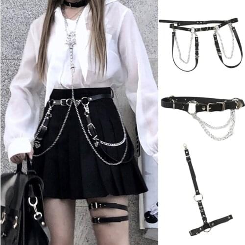 Women Punk belt Waist chain waistband girdle PU leather black Gothic decorative Leg loop strap Neck ring Neckband Necklace