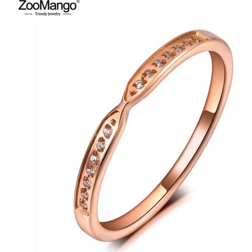 ZooMango Simple Design Titanium Stainless Steel Wedding Ring Jewelry Trendy Rose Gold Mosaic CZ Crystal Rings For Women ZR19153