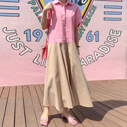 Johnature Summer New Patchwork Shirt Dresses 2021 Casual Korean Hit Color Turn-down Collar Button Women Dress