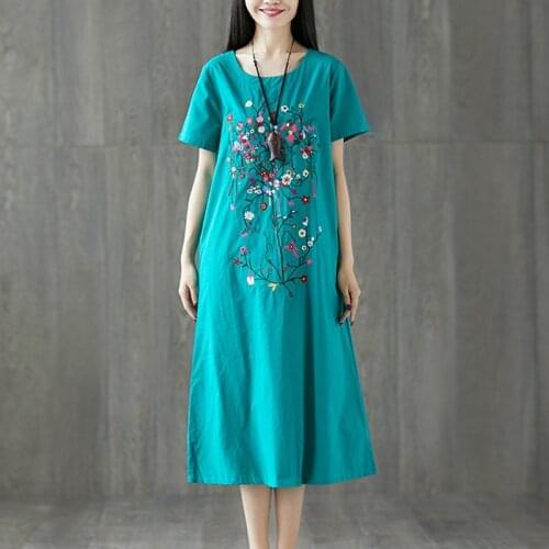 2021 New Arrival Embroidery Fashion Women Casual Midi Summer Dress Short Sleeve Cotton Linen Vintage Office Lady OL Work Dress