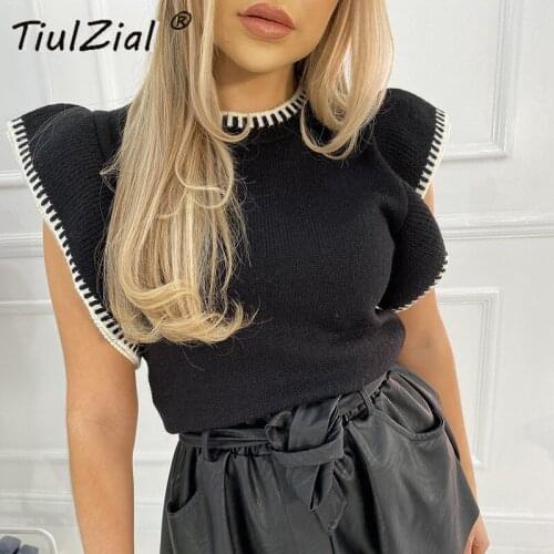 TiulZial O Neck Vest Top Autumn Skinny Women Sweater Jumper Butterfly Sleeve Casual Sweater Knitting Pullover