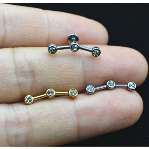 50pcs/Lot Body Jewelry 16G Three Gems Surgical Steel Lip Bar piercing Labret ring Ear Helix Cartilage Stud New