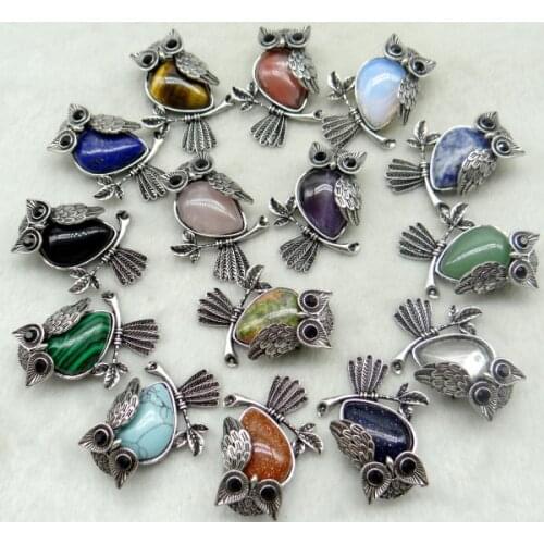 Vintage Silver Plated Owl Natural Stone Opal tiger eye aventurine lapis Brooch For Women Charms Jewelry Brooches pendant 1pcs