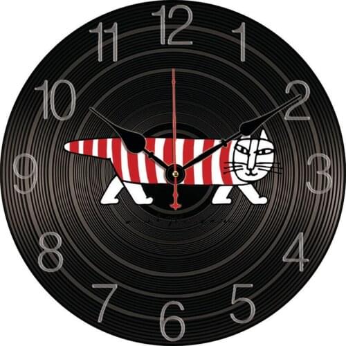 Decorative Wall Clock Rock Retro Vinyl Record Design White Cat Walking Large Shabby Chic Horloge Round Wooden Hanging Clocks