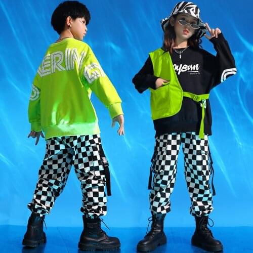 Kid Hip Hop Clothing Oversized Sweatshirt Top Streetwear Checkered Tactical Cargo Pants for Girls Boys Dance Costumes Clothes