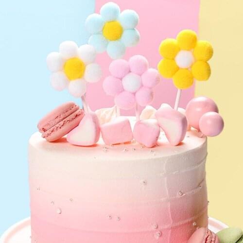 10pcs Kids Cute Colorful Plastic Cotton Stick Flower Cake Topper Happy Birthday Party Dessert Cupcake Girl Wedding Cake Decor
