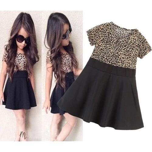 Girls Summer Leopard Print New Short-Sleeved Dress Childrens Clothing Skirt Casual Wear 2-6 Years Old