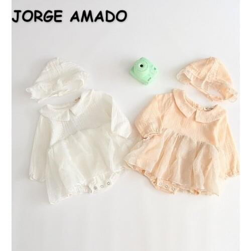 2021 New Autumn Baby Girls Bodysuit Long Sleeves White Apricot Peter Pan Collar Princess Jumpsuit with Cap Kids Clothing E135