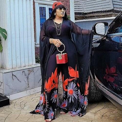 Two Pieces Set Women Printed Irregular Tops Bawting Sleeve V Neck Loose High Waist Wide Leg Pants African Fashion Suits New