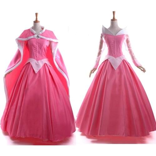 Movie Sleeping Princess Cosplay Costume Aurora Pink Dress With Cloak Halloween Carnival Party Gown For Adult Women