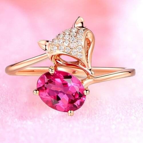 Fox Red Crystal Ruby Gemstones Rings For Women Girl Her Rose Gold Zircon Diamonds Sweet Romantic Jewelry Party Christmas Gift