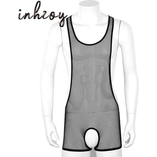 Mens See Through Sheer Black Fishnet Bodysuit Open Crotchless Hot Sexy Lingerie Male Gay Underwear Transparent Erotic Nightwear