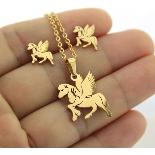 1 Set Gold Color Stainless Steel Angle Horse Jewelry Sets Charms Animal Earrings Necklace Women Girls Kids Christmas Gift