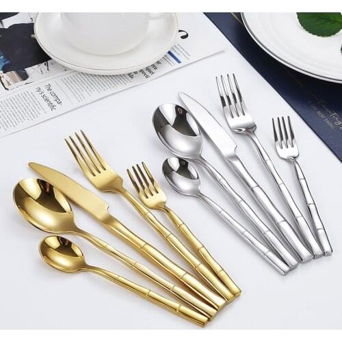 Gold Cutlery Set Stainless Steel Steak Knife Fork Spoon Tableware Bamboo Design Luxury Cutlery Dinner Sets 24pcs