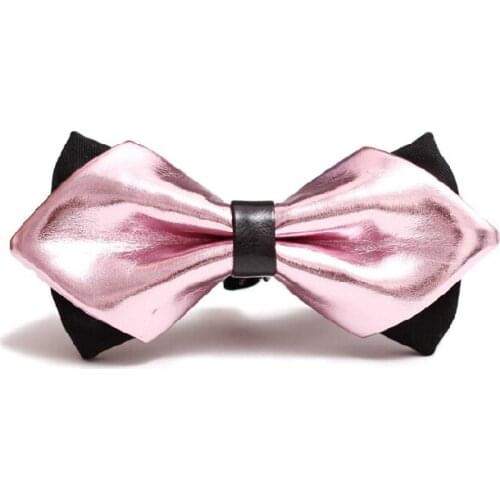 High Quality 2020 New Mens Bow Tie Formal Dress Pink PU Leather Tie Designers Brand Groom Bow Ties Wedding Bowtie Gift Box