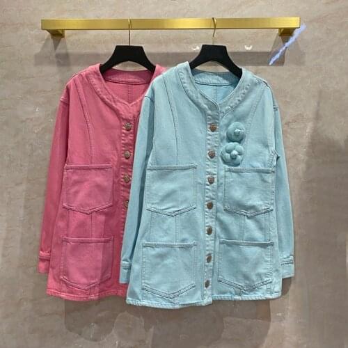 Autumn 2021 Chic Womens BF Style O-neck Denim jackets High quality floral pockets loose coat B942