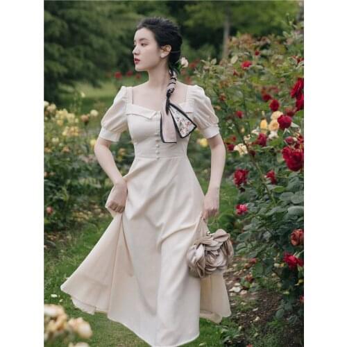 SWEETXUE Womens French Retro Square Neck Puff Sleeve Temperament Dress Fairy Romantic Gentle Chic Party Long Dress Vestidos