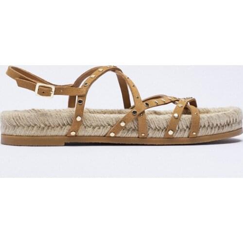 2021 Summer Roman Sandals Rivet Thick Bottom Straw Fishermans Shoes Leisure Platform Sandalias Mujer Suede Flats Shoes Ladies